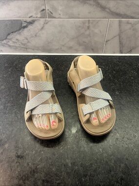 KURU Beige Strappy Sandals with Light Blue Accents